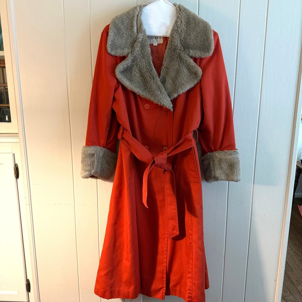 Vintage Tamara Rust Orange Faux Fur Trim Belted Trench Coat Size 6-8